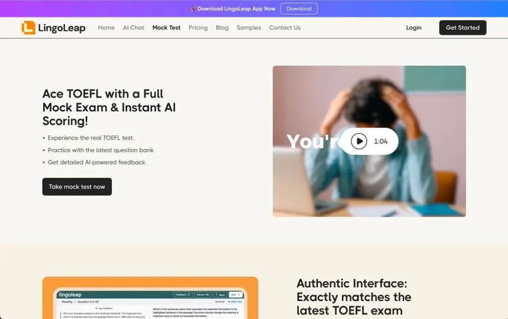 Mock TOEFL test on LingoLeap with real-time speech recognition analysis.