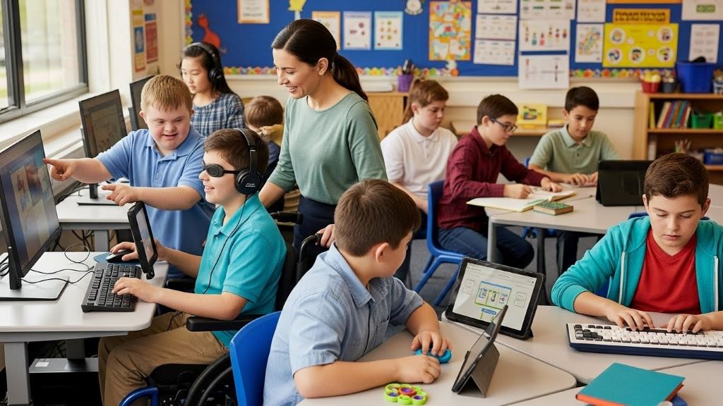 Diverse group of students with special educational needs collaborating on learning activities with assistive technology