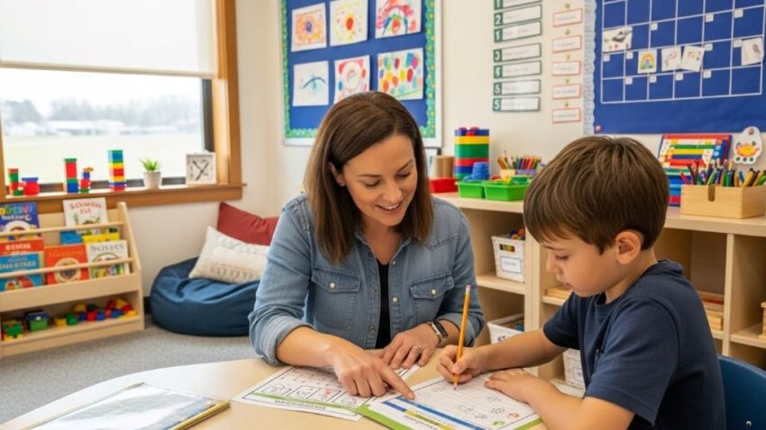 Teacher working one-on-one with student receiving special educational needs support in a bright classroom