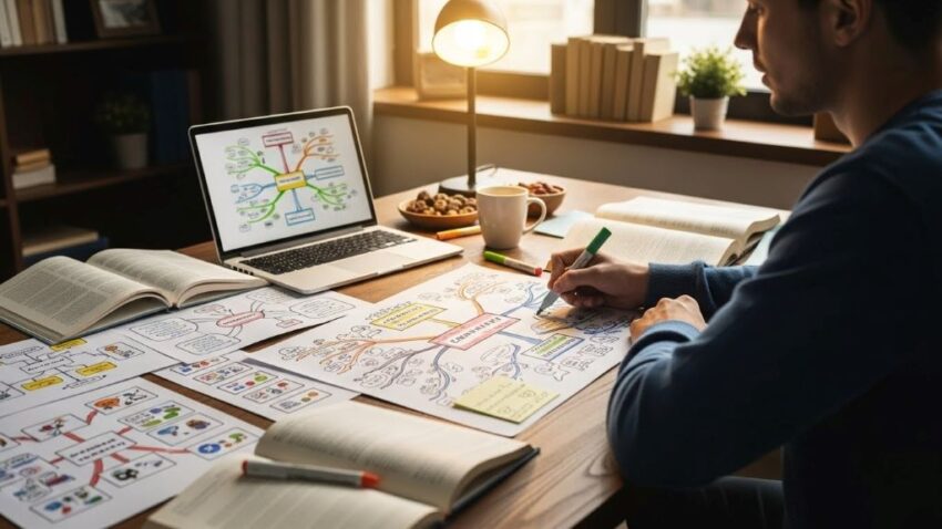 Student using visual diagrams and mind maps to enhance memory encoding during a focused study session