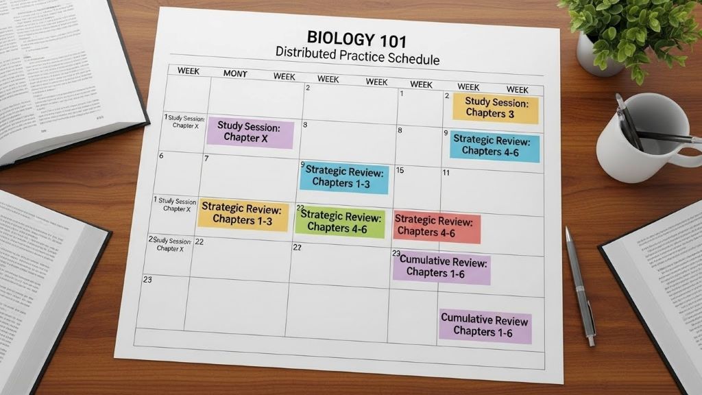 Calendar showing distributed practice schedule with strategic review intervals marked for optimal memory retention
