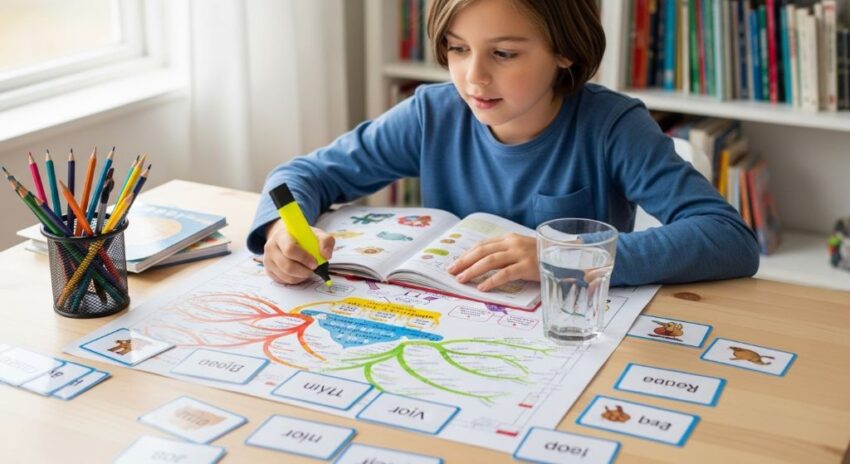 Child studying at a tidy desk using colorful mind maps and flashcards