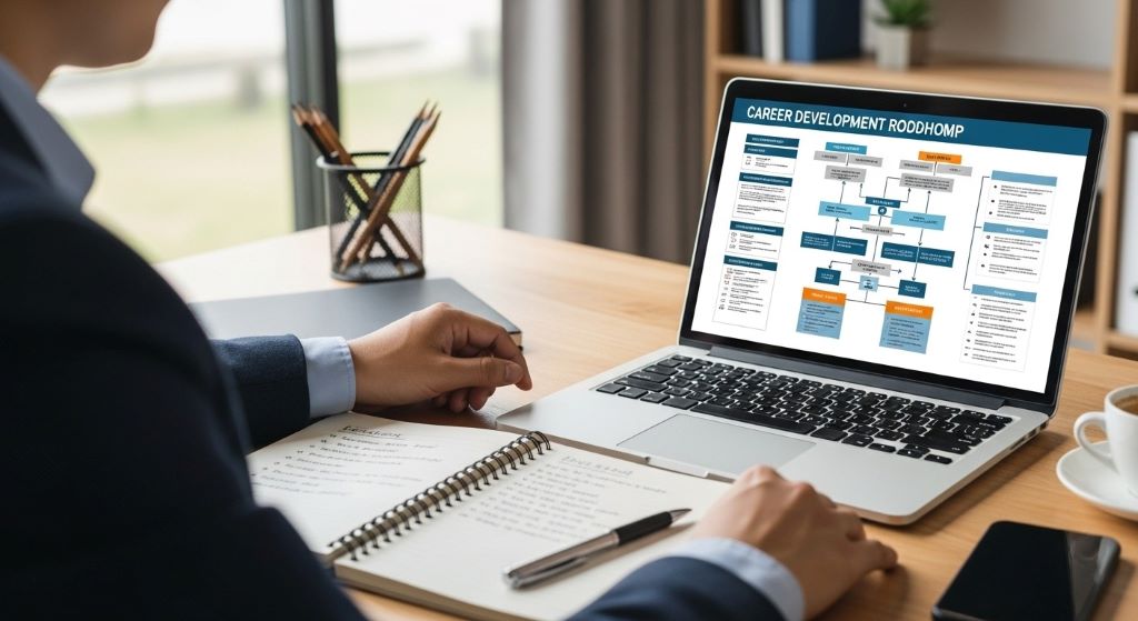 Professional reviewing a career development roadmap on a laptop with notes beside them