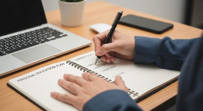 Person writing a personal education plan with career goals on a notebook at a desk