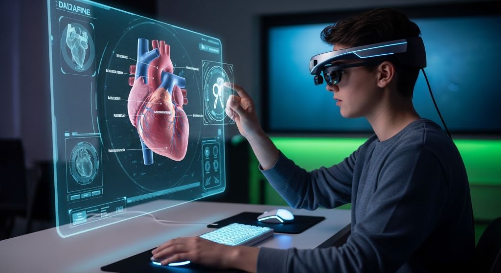 A student engaging with a virtual simulation in an online learning environment