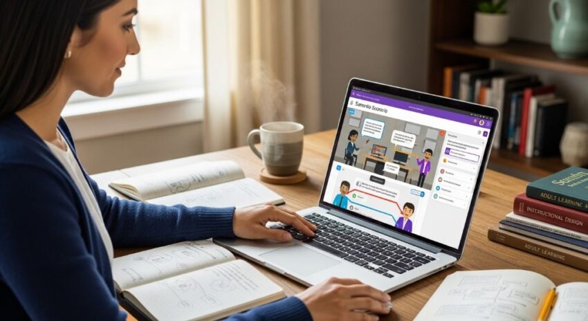 An educator designing an interactive scenario-based online course on a laptop