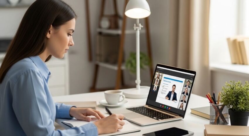 Professional student attending an online university class on a laptop at a desk