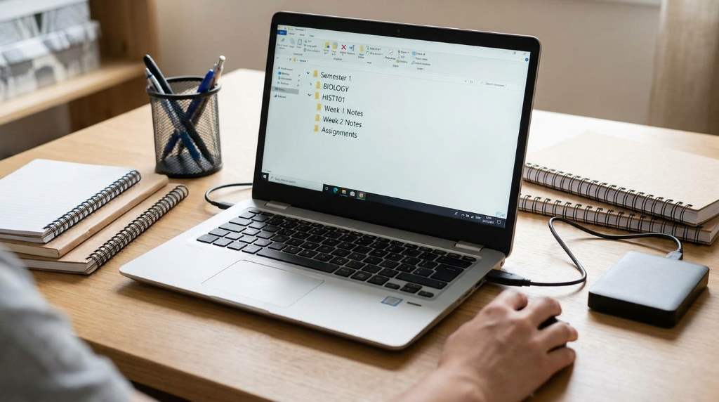 Clean desktop setup showing organized academic digital files