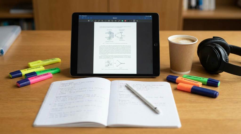 College student reviewing PDF notes with active recall techniques