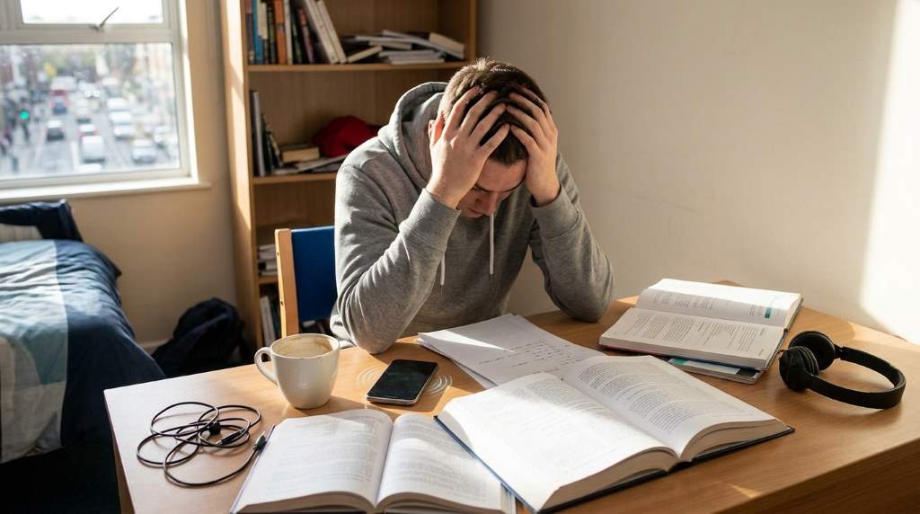 College student using a timer and planner to create a distraction free study hour at home