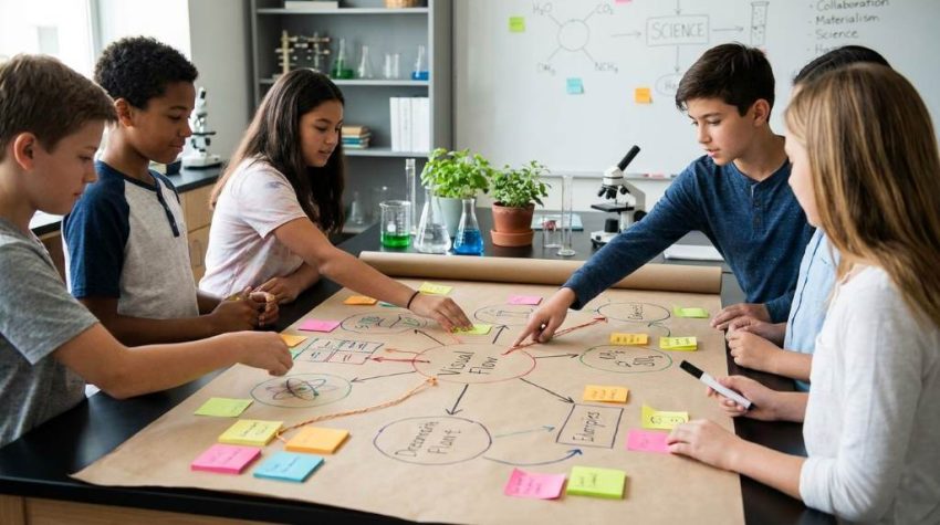 Middle school science students creating a story mapping activity during a classroom lesson