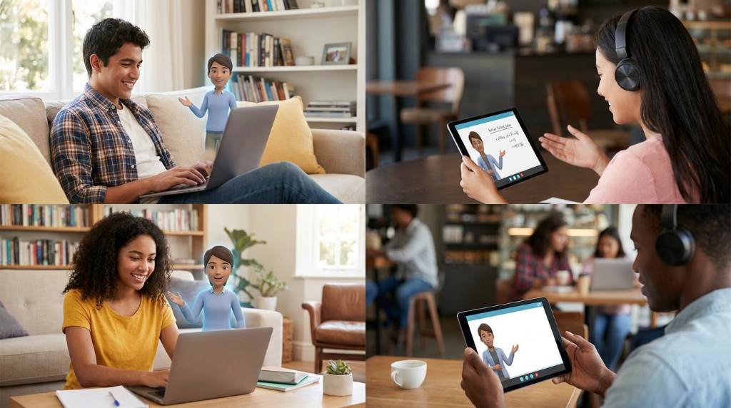 Professional studying with AI tutoring software during remote e-learning session