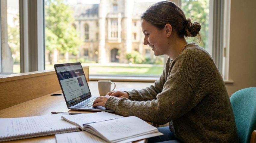 Student learning how to apply for fully funded research exchange programs at an international university