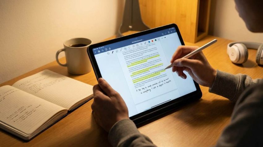 Student learning how to study from PDF notes more effectively on a laptop