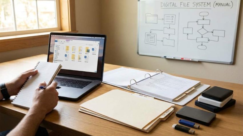Student organizing digital class notes without apps on laptop folders