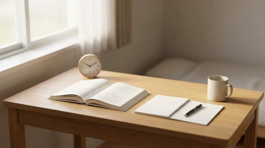 Student studying in a quiet organized room with no digital distractions during a focused study hour