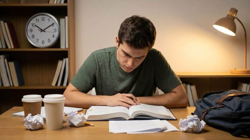 Student studying one chapter quickly before an important exam using notes and timer