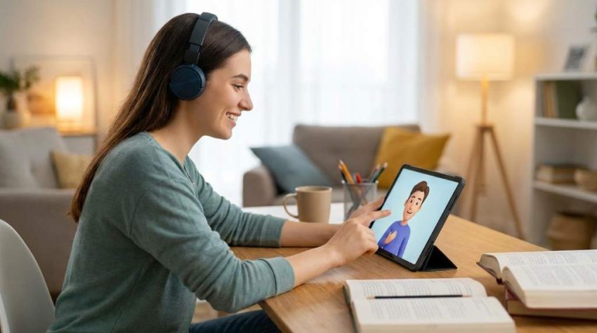 Student using AI tutor platform for personalized online learning at home