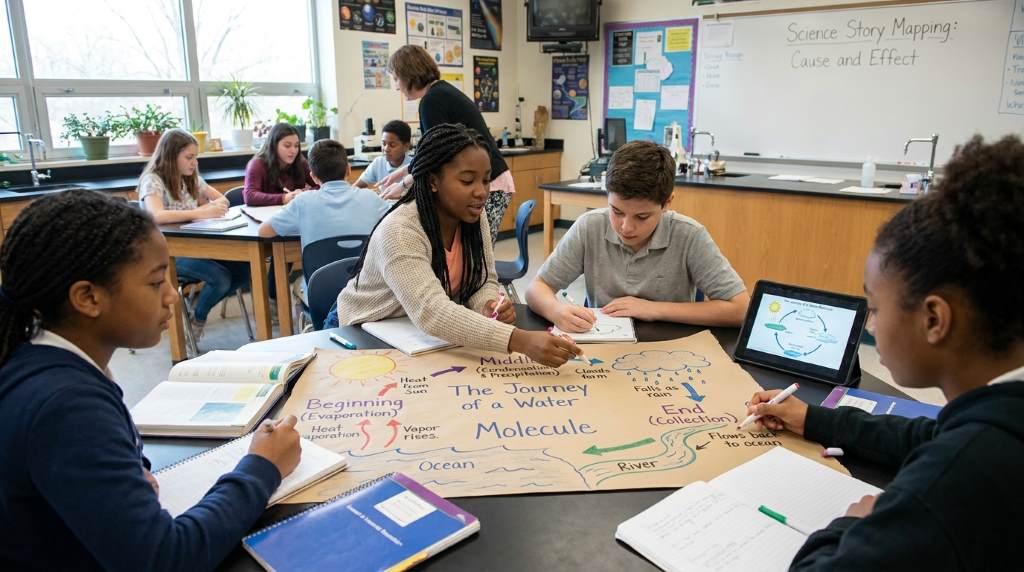 Students using colorful science story maps to understand the scientific method