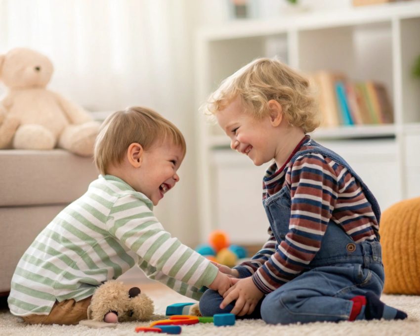 Toddler using pretend play with stuffed animals to practice kindness and caring behavior