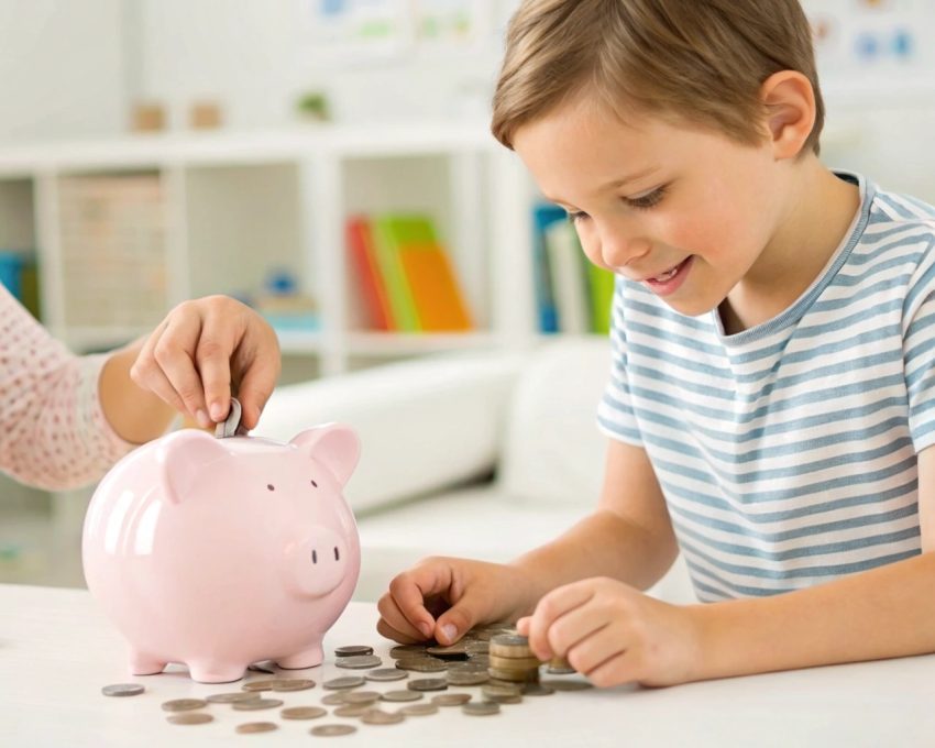 Family reviewing a savings goal chart and discussing smart money decisions together