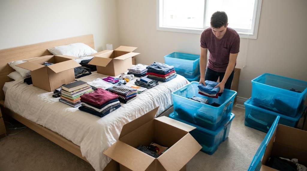 Essential dorm move in supplies neatly arranged