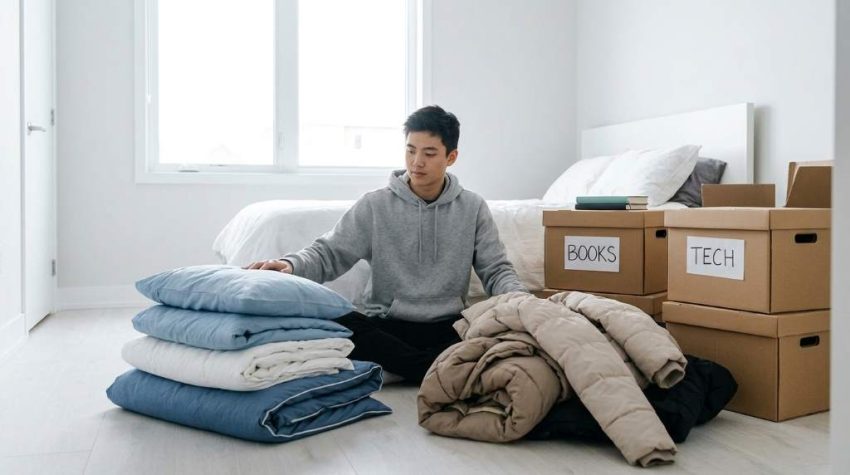 Student organizing dorm move in packing checklist