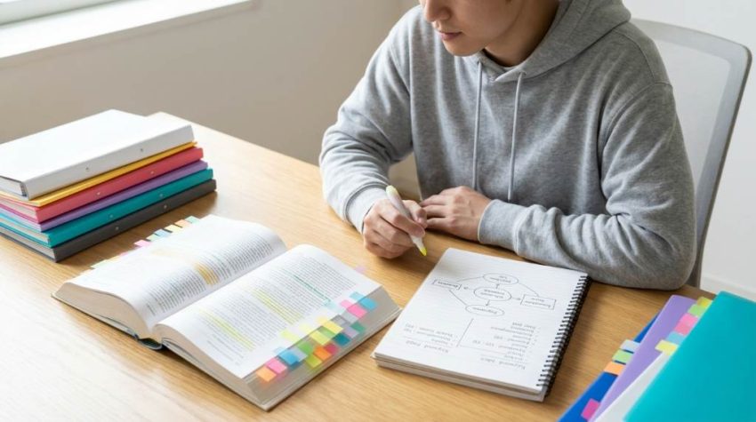 Student organizing notes for an open book exam