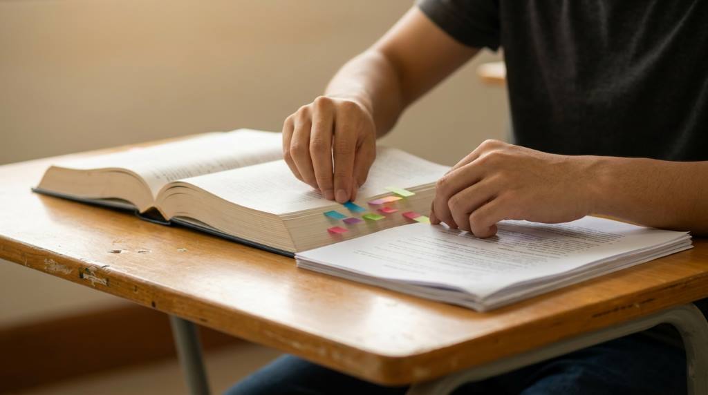 Study desk prepared with textbooks notes and planner