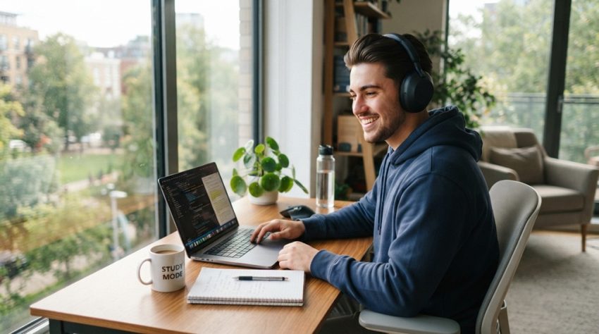 Man sitting at desk studying on laptop with headphones in modern room.