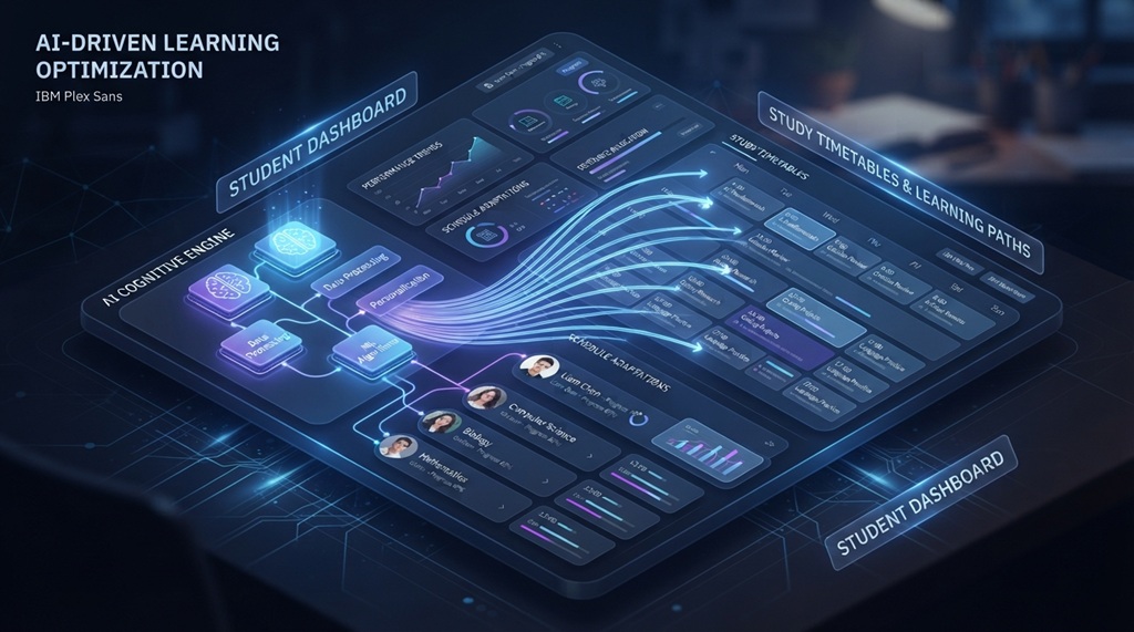 Digital interface displaying AI study planning workflow and calendar nodes.