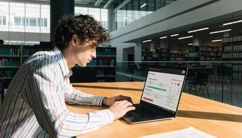 Male college student sitting at desk using AI tools on laptop.