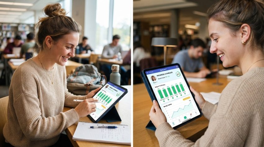 Student viewing high test scores on a tablet using an AI tutoring app.