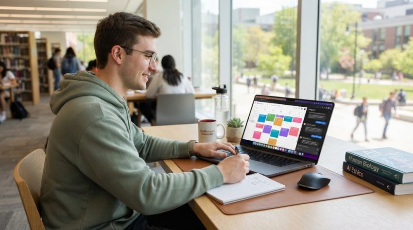 Male student typing on laptop creating automated study schedule with artificial intelligence.