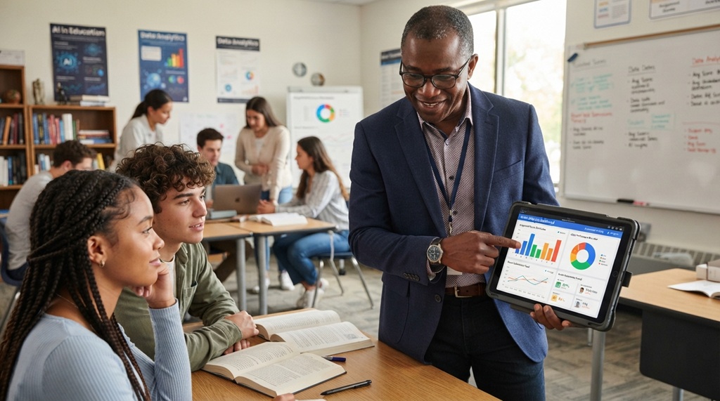 Male educator pointing at automated grading analytics dashboard on tablet.