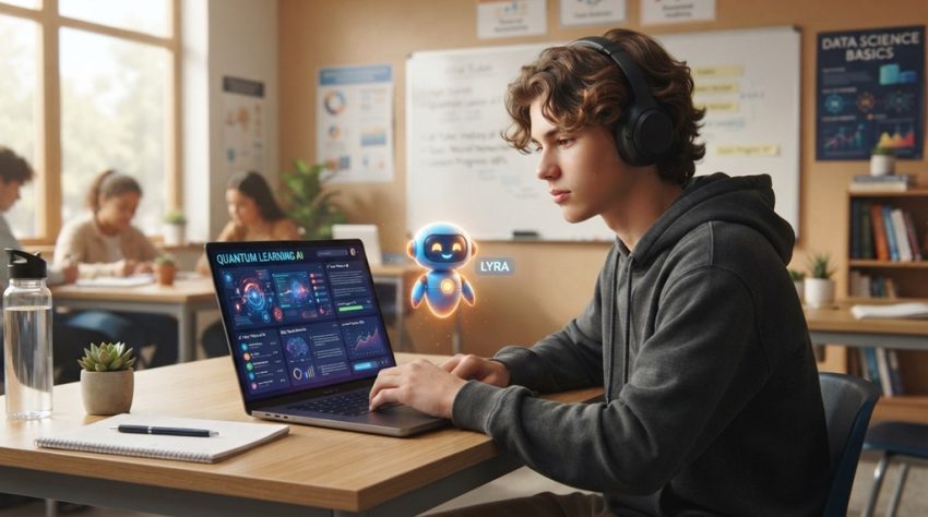 Male student using an AI learning app on his laptop in a modern classroom.