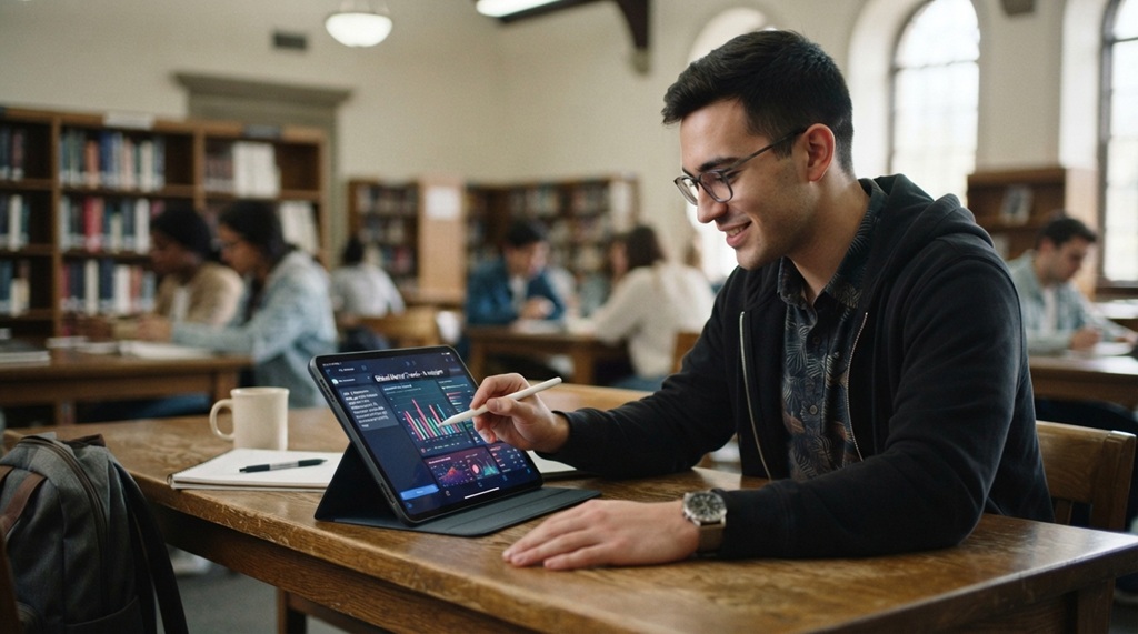 Male student analyzing interactive data on a tablet using AI educational software.