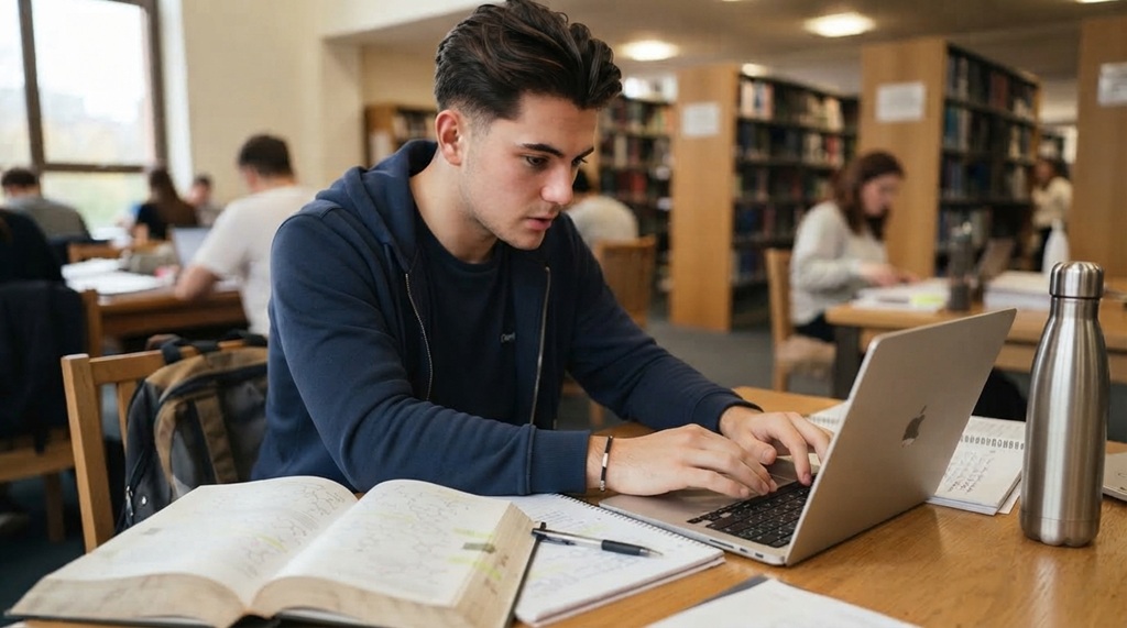 Male student typing on a laptop with an open textbook studying for exams.