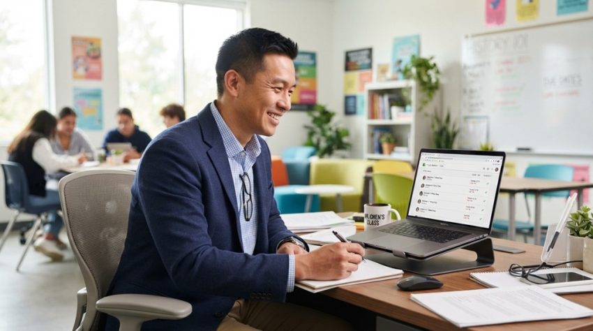 Male teacher reviewing digital automated grades on laptop screen in classroom.