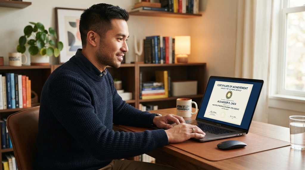 Man typing on laptop displaying official digital degree certificate on screen.