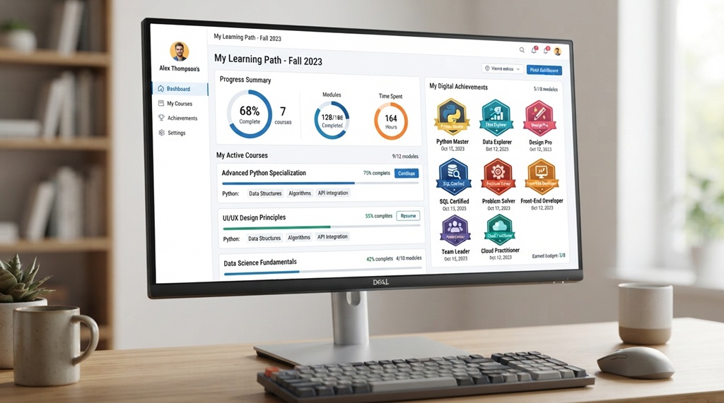 Digital screen displaying online learning course modules and skill badges.