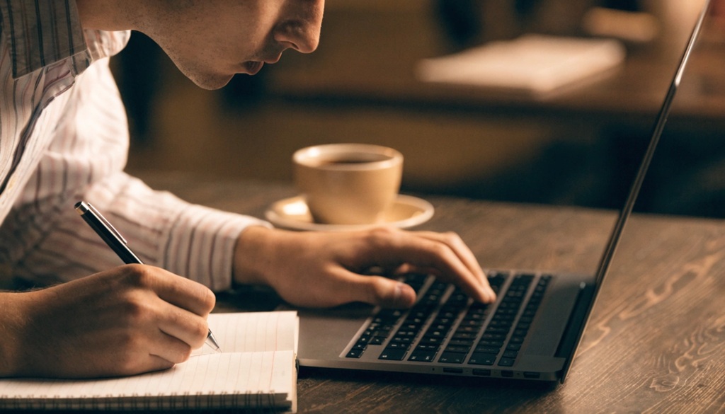 Male student typing on laptop with notebook and coffee on desk.