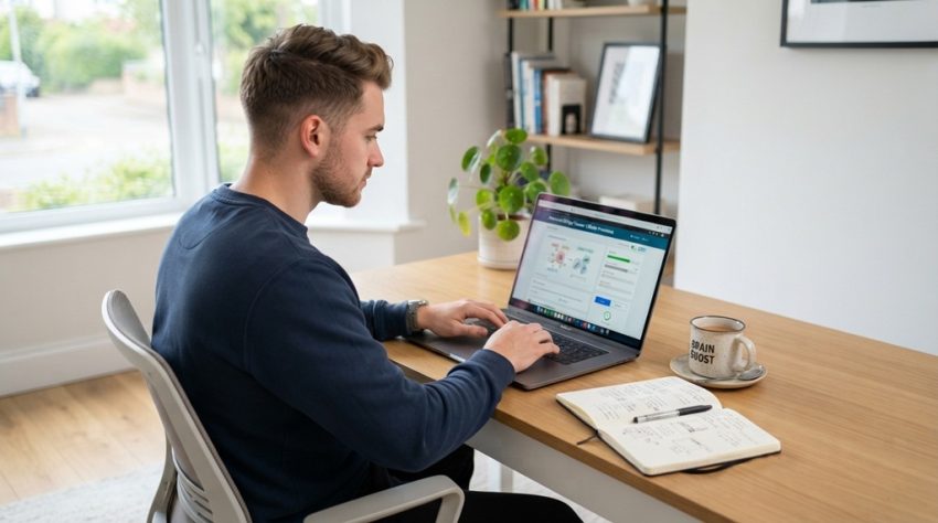 Man using a laptop at a desk to learn new skills online.
