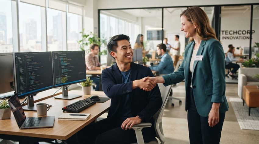 A male developer in an office shaking hands with a hiring manager.